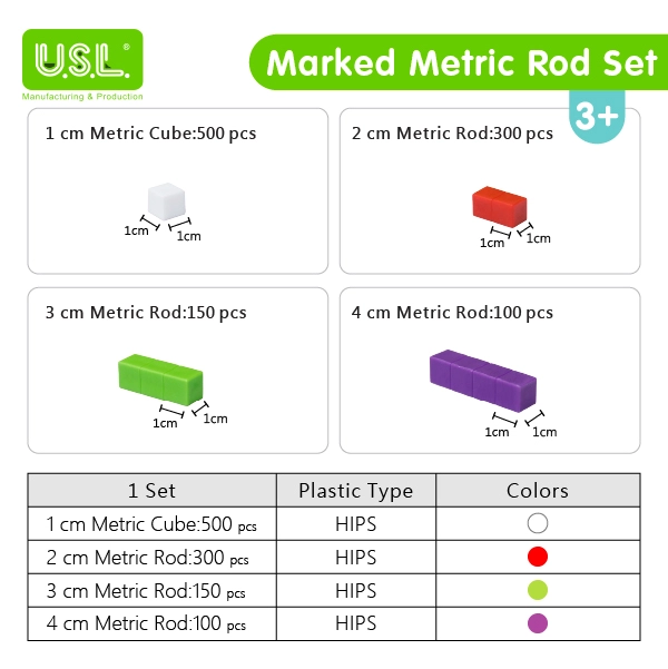 Marked Metric Rod Set Math Toys for Base Ten Learning