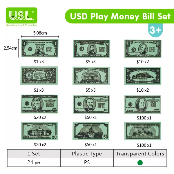 USD Play Money BILL Set for Board Games and Pretend Play