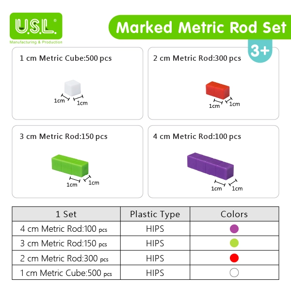 Marked Metric Rod Set Math Toys for Base Ten Learning