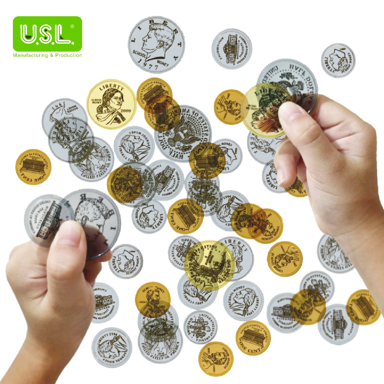 Translucent USD Coins Play Money Set for Light Tables, Board Games, and Pretend Play