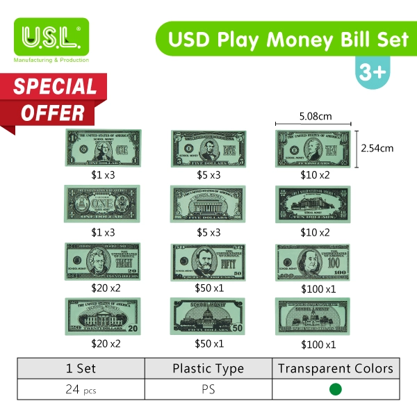 Translucent USD Play Money BILL Set for light tables_ for Board Games and Pretend Play