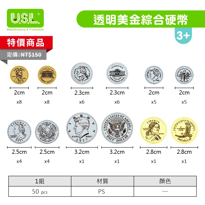 【代幣 / 錢幣、骨牌】透明美金綜合硬幣