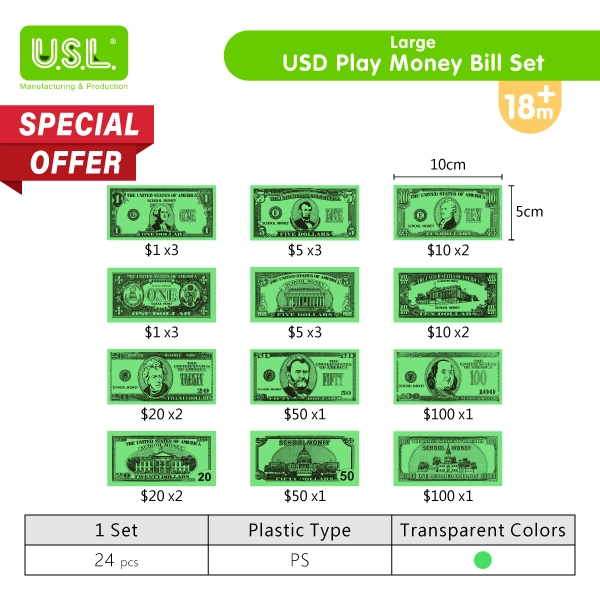 Translucent USD Play Money BILL Set for light tables_ for Board Games and Pretend Play